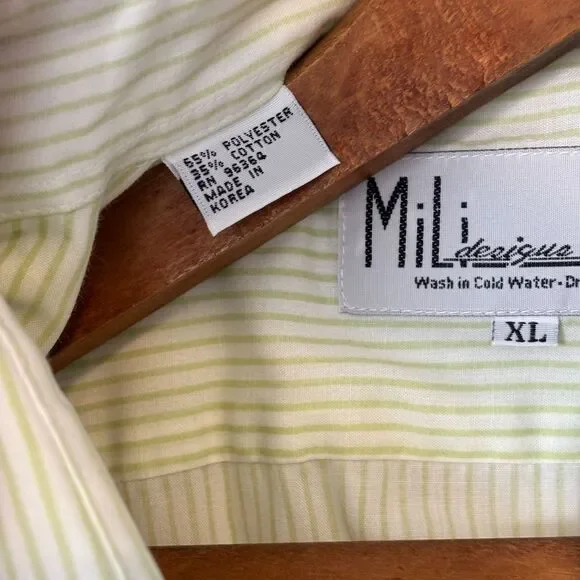 Vintage XL Lime Green Striped Button Down Embroidered Bugs Flowers Rhinestones - Picture 7 of 11